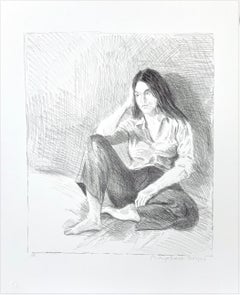 SEATED WOMAN BLUE JEANS Signed Lithograph 1979, Realist Portrait Bare Feet
