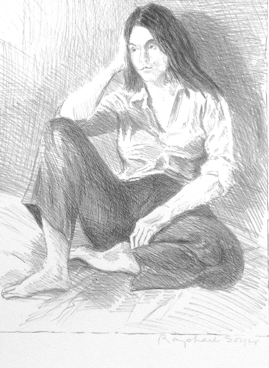 Lithographie signée Femme assise en jeans bleu, portrait de femme, cheveux longs, pieds nus - Réalisme Print par Raphael Soyer
