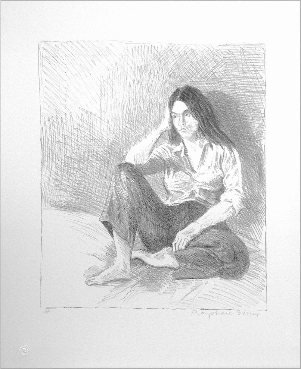 Lithographie signée Femme assise en jeans bleu, portrait de femme, cheveux longs, pieds nus - Print de Raphael Soyer