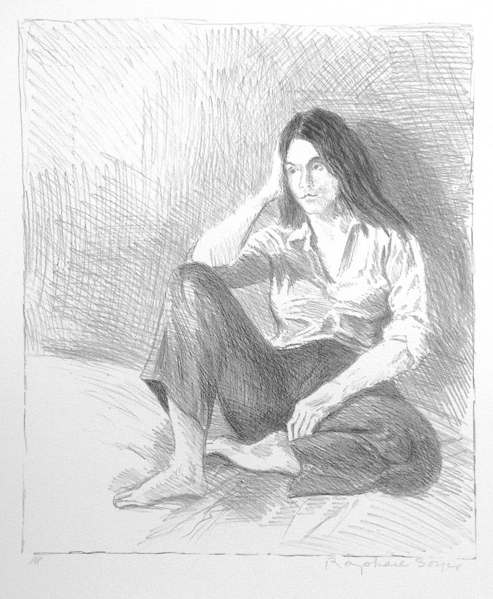Figurative Print Raphael Soyer - Lithographie signée Femme assise en jeans bleu, portrait de femme, cheveux longs, pieds nus