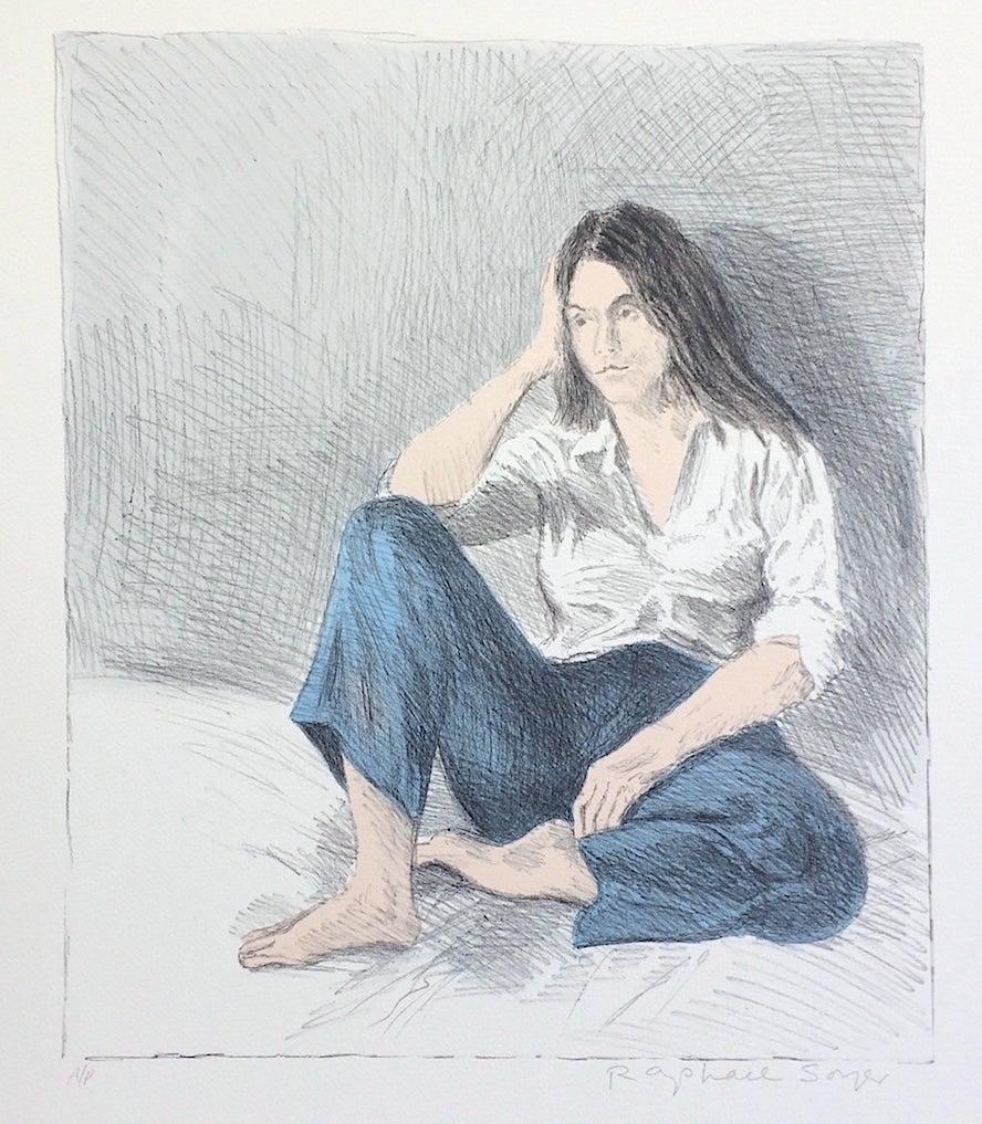 SEATED WOMAN BLUE JEANS Signed Lithograph Young Woman White Shirt Long Dark Hair