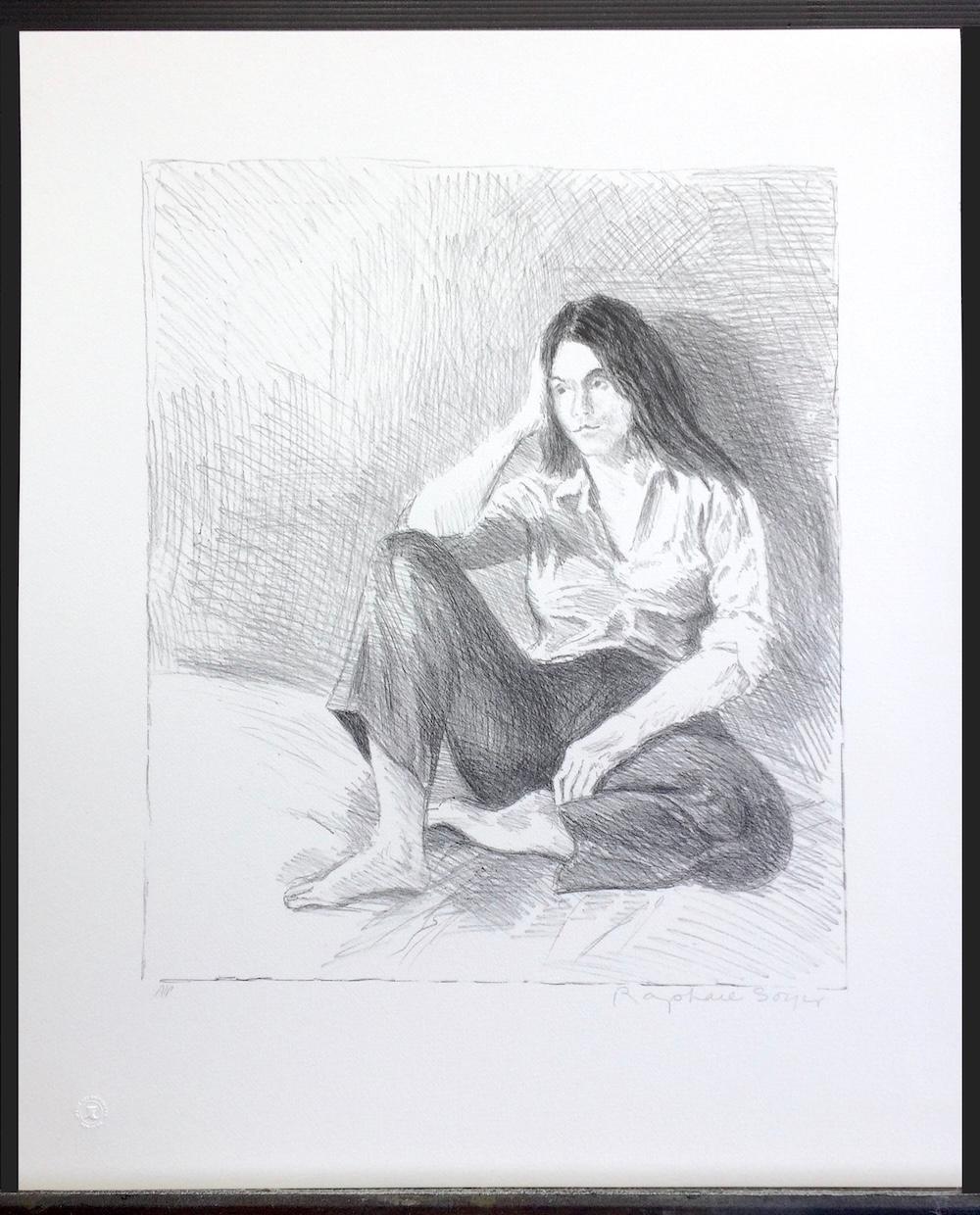 MUJER SENTADA JEANS AZUL Litografía Firmada, Retrato Femenino, Pelo Largo, Pies Descalzos en venta 5