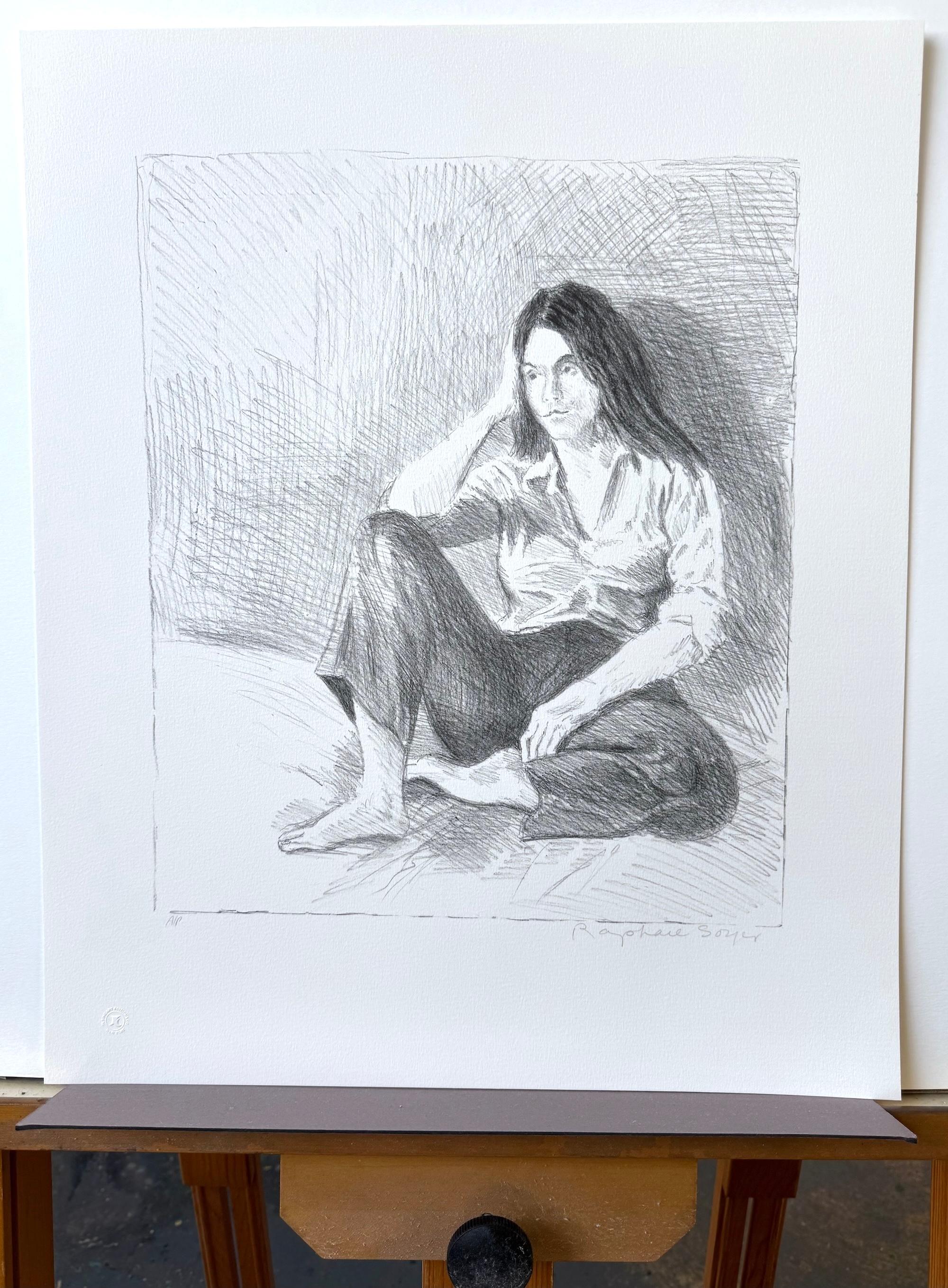 Signierte Lithographie „ SEATED WOMAN BLUE JEANS“, weibliches Porträt, langes Haar, nackte Füße im Angebot 7