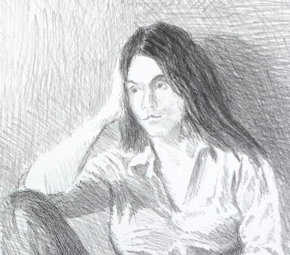 MUJER SENTADA JEANS AZUL Litografía Firmada, Retrato Femenino, Pelo Largo, Pies Descalzos - Print Realista de Raphael Soyer