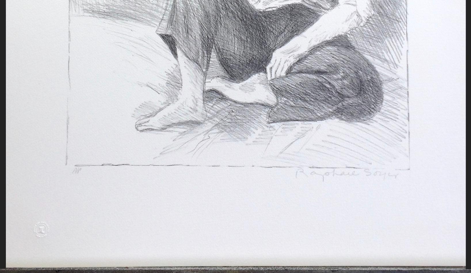 MUJER SENTADA JEANS AZUL Litografía Firmada, Retrato Femenino, Pelo Largo, Pies Descalzos en venta 4