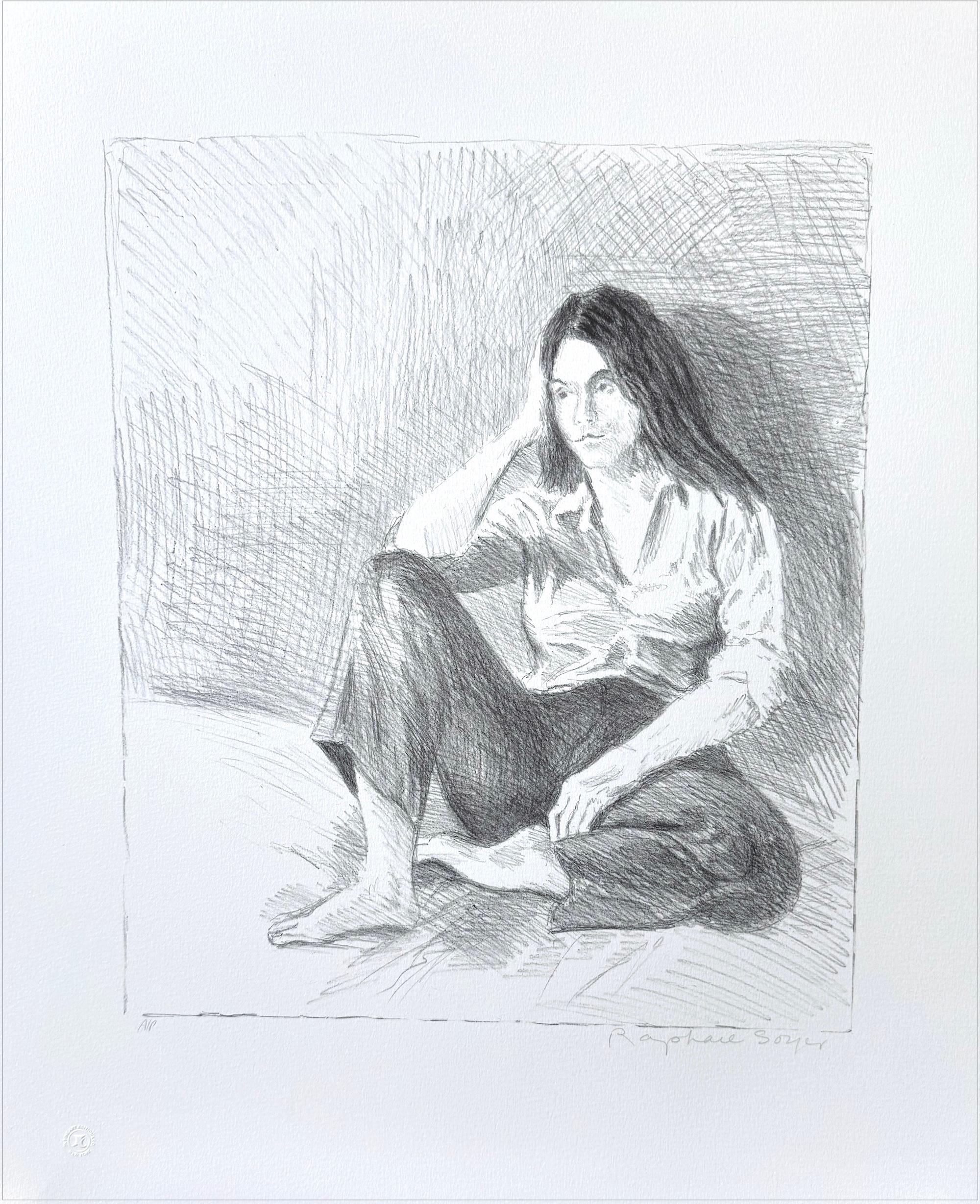 SEATED WOMAN BLUE JEANS Signed Lithograph, Female Portrait, Long Hair, Bare Feet