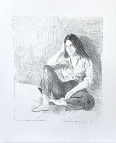 SEATED WOMAN BLUE JEANS Signed Lithograph, Female Portrait, Long Hair, Bare Feet
