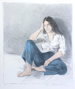 SEATED WOMAN BLUE JEANS Signed Lithograph Young Woman White Shirt Long Dark Hair