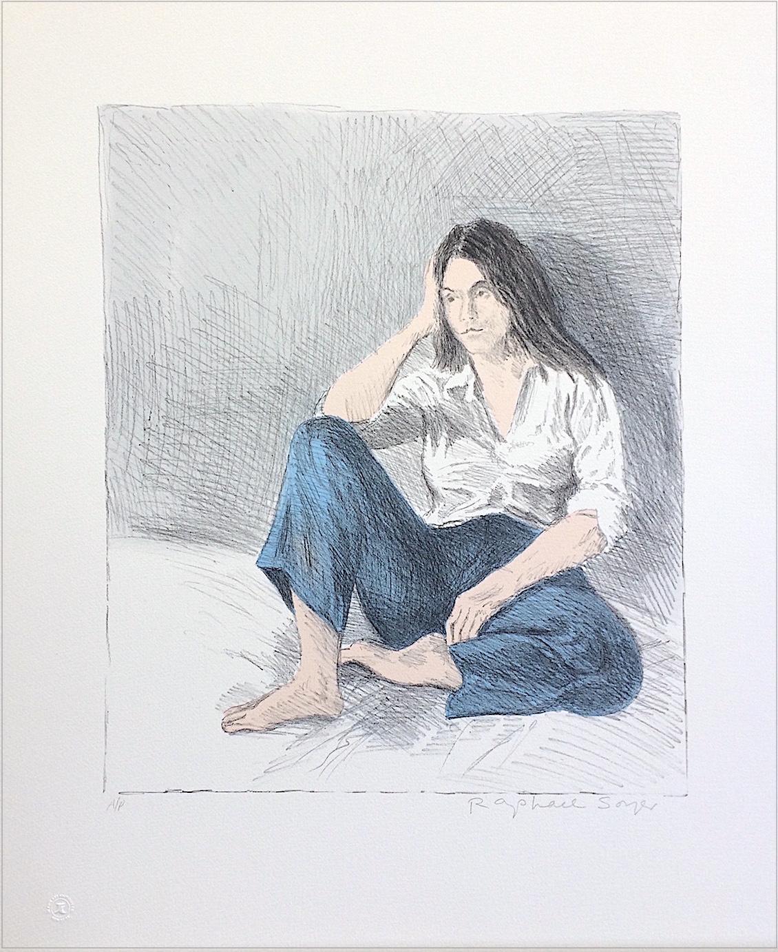 SEATED WOMAN BLUE JEANS Signed Lithograph Young Woman White Shirt Long Dark Hair - Print by Raphael Soyer
