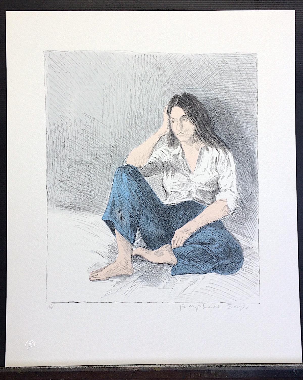 SEATED WOMAN BLUE JEANS is an original hand drawn (not digitally or photo reproduced) limited edition lithograph by the artist Raphael Soyer - Russian/American Social Realism Painter, 1899-1987. Printed using traditional hand lithography techniques