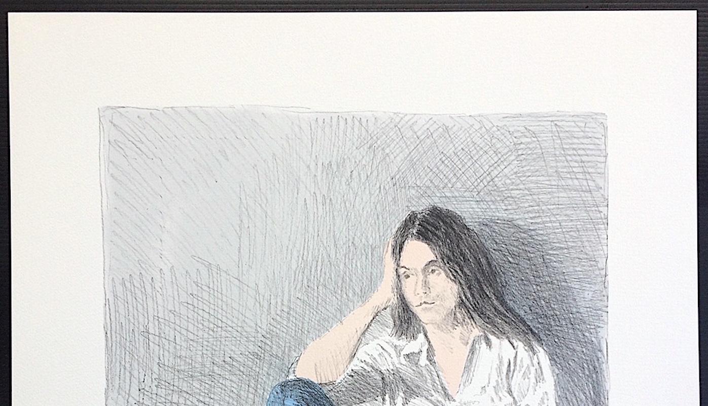 SEATED WOMAN BLUE JEANS Signed Lithograph Young Woman White Shirt Long Dark Hair - Realist Print by Raphael Soyer