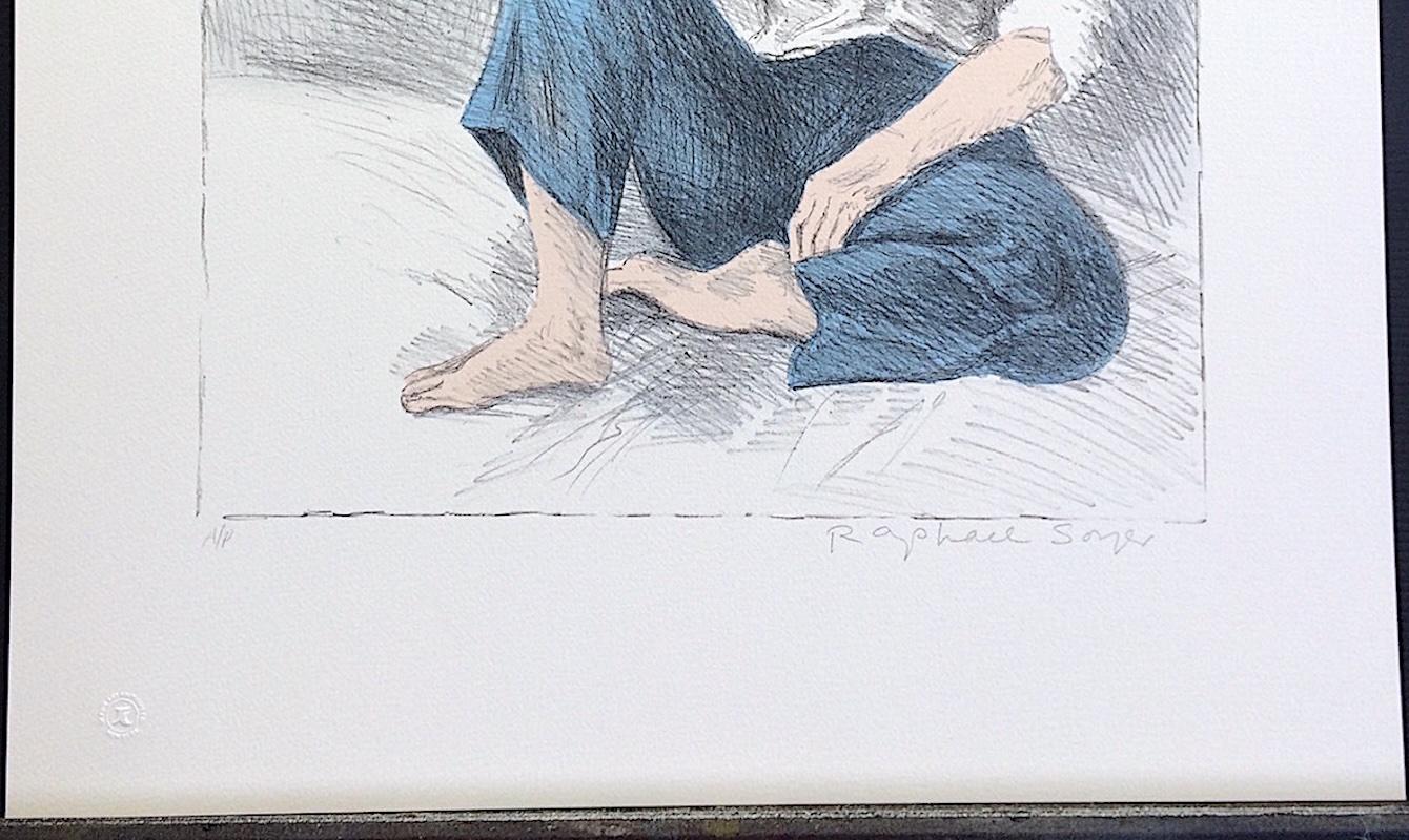 Lithographie signée jeune femme blanche chemise longue en poils foncés en vente 2