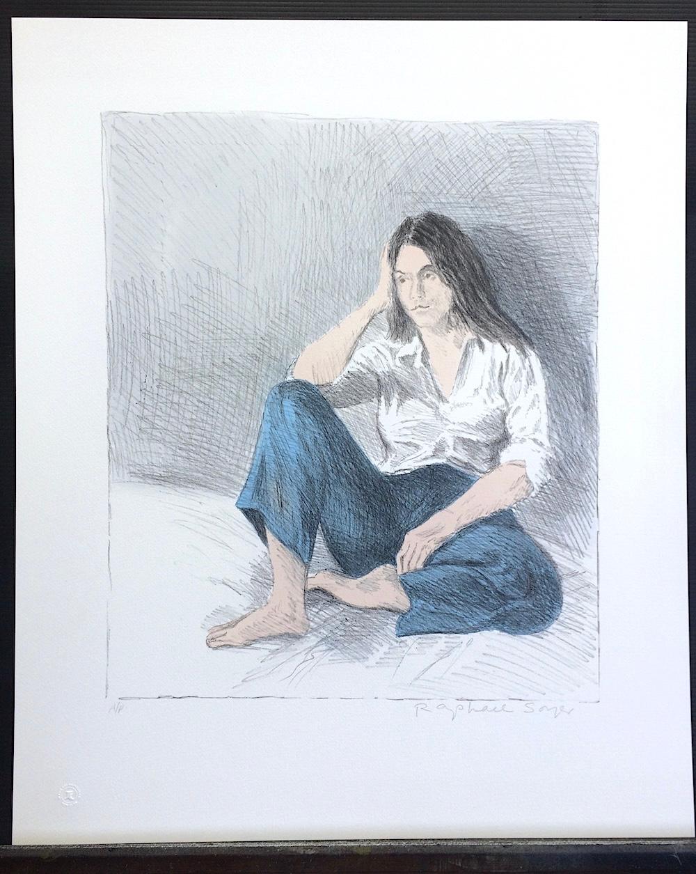 Lithographie signée jeune femme blanche chemise longue en poils foncés en vente 3