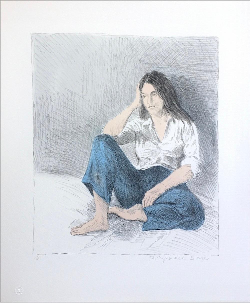 SEATED WOMAN BLUE JEANS Signed Lithograph Young Woman White Shirt Long Dark Hair