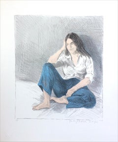 SEATED WOMAN BLUE JEANS Signed Lithograph Young Woman White Shirt Long Dark Hair