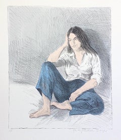 Retro SEATED WOMAN BLUE JEANS Signed Lithograph Young Woman White Shirt Long Dark Hair