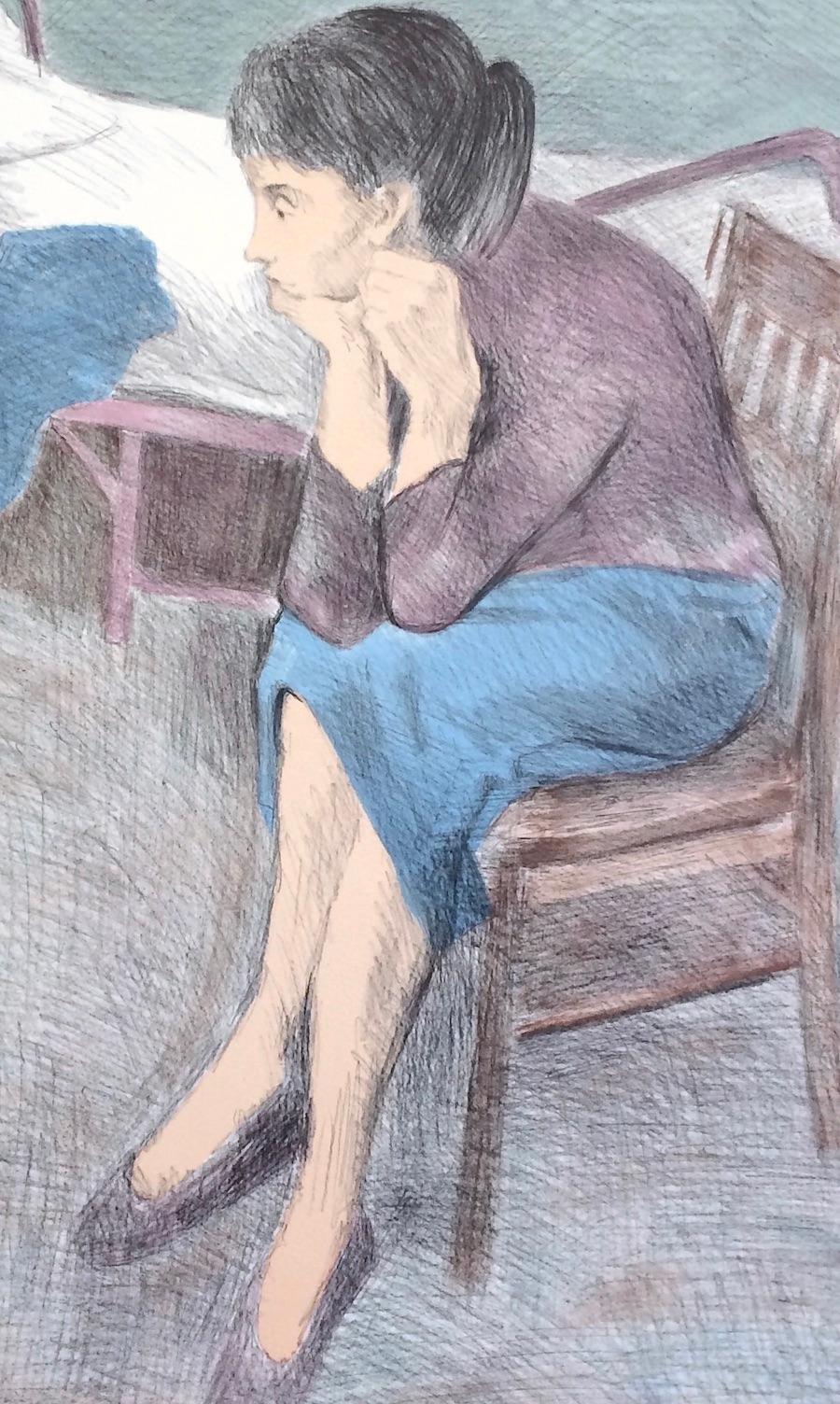 MUJER SENTADA CERCA DE UNA CAMA Litografía firmada, Retrato realista, Top ciruela Falda azul - Print de Raphael Soyer