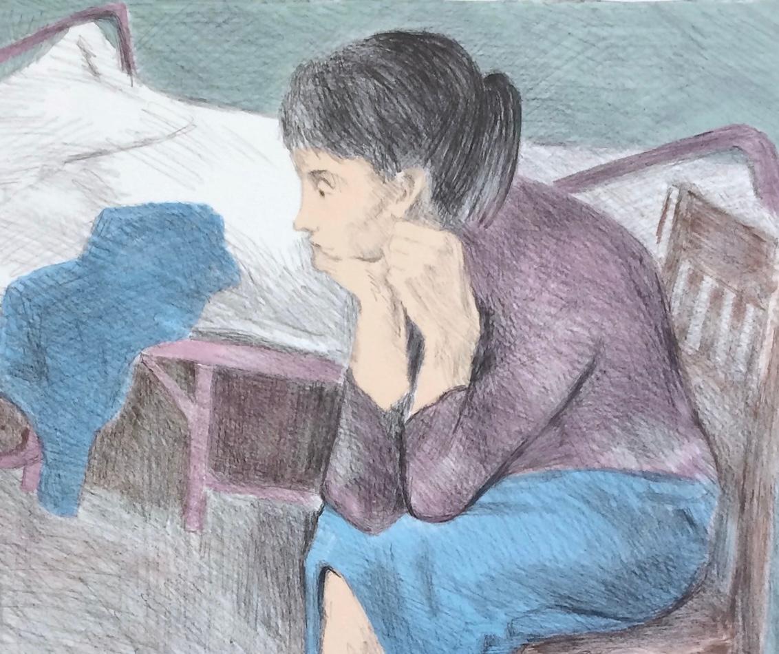 MUJER SENTADA CERCA DE UNA CAMA Litografía firmada, Retrato realista, Top ciruela Falda azul - Print Realista de Raphael Soyer