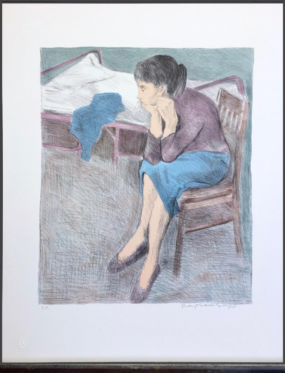 MUJER SENTADA CERCA DE UNA CAMA Litografía firmada, Retrato realista, Top ciruela Falda azul en venta 3