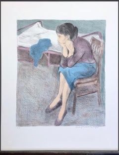 SEATED WOMAN NEAR A BED Signed Lithograph, Realist Portrait, Plum Top Blue Skirt