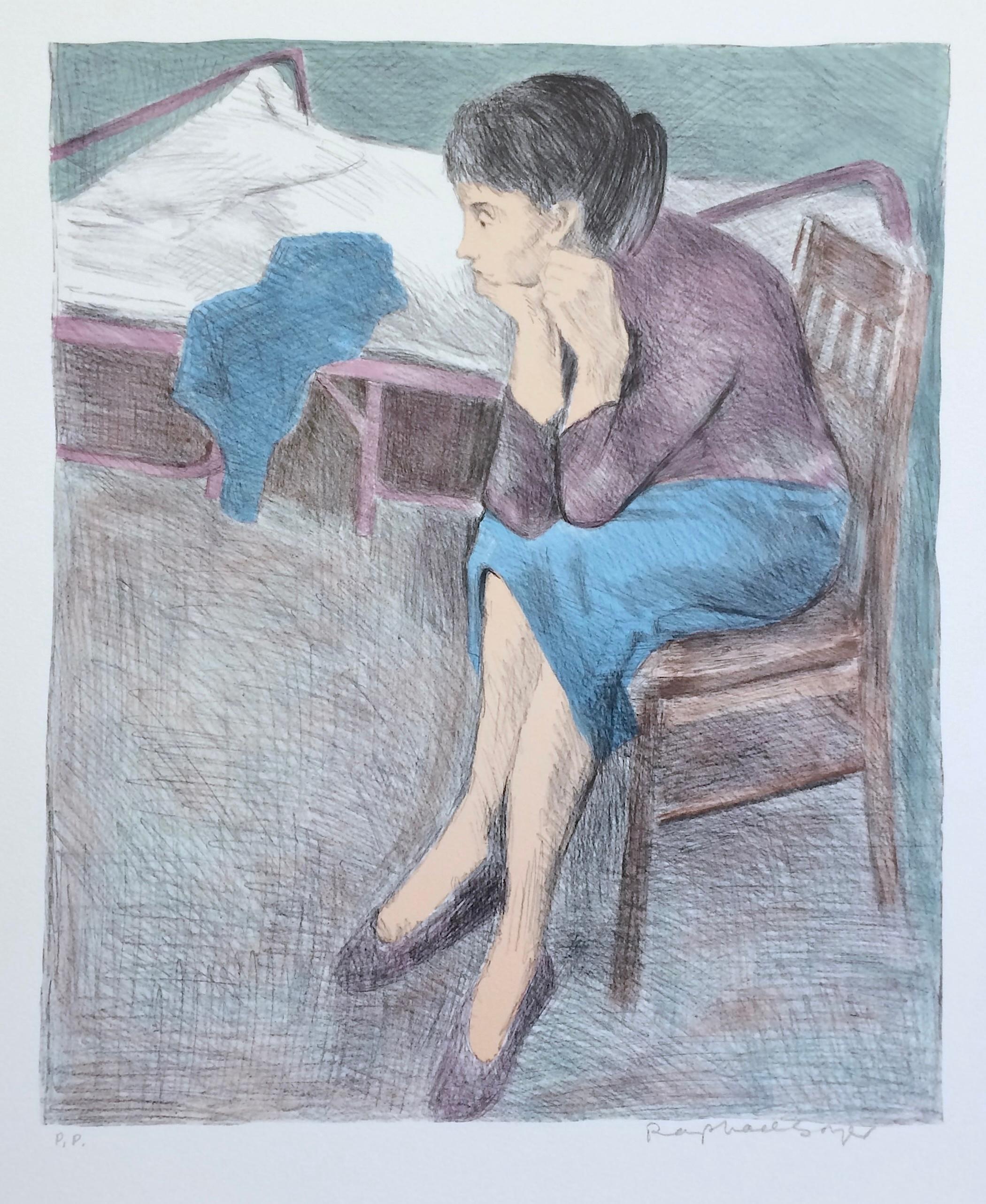 SEATED WOMAN NEAR A BED Signed Lithograph, Realist Portrait, Plum Top Blue Skirt