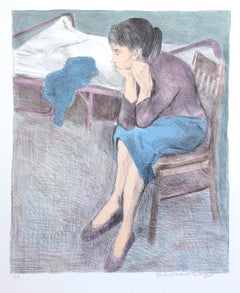 SEATED WOMAN NEAR A BED Signed Lithograph, Realist Portrait, Plum Top Blue Skirt