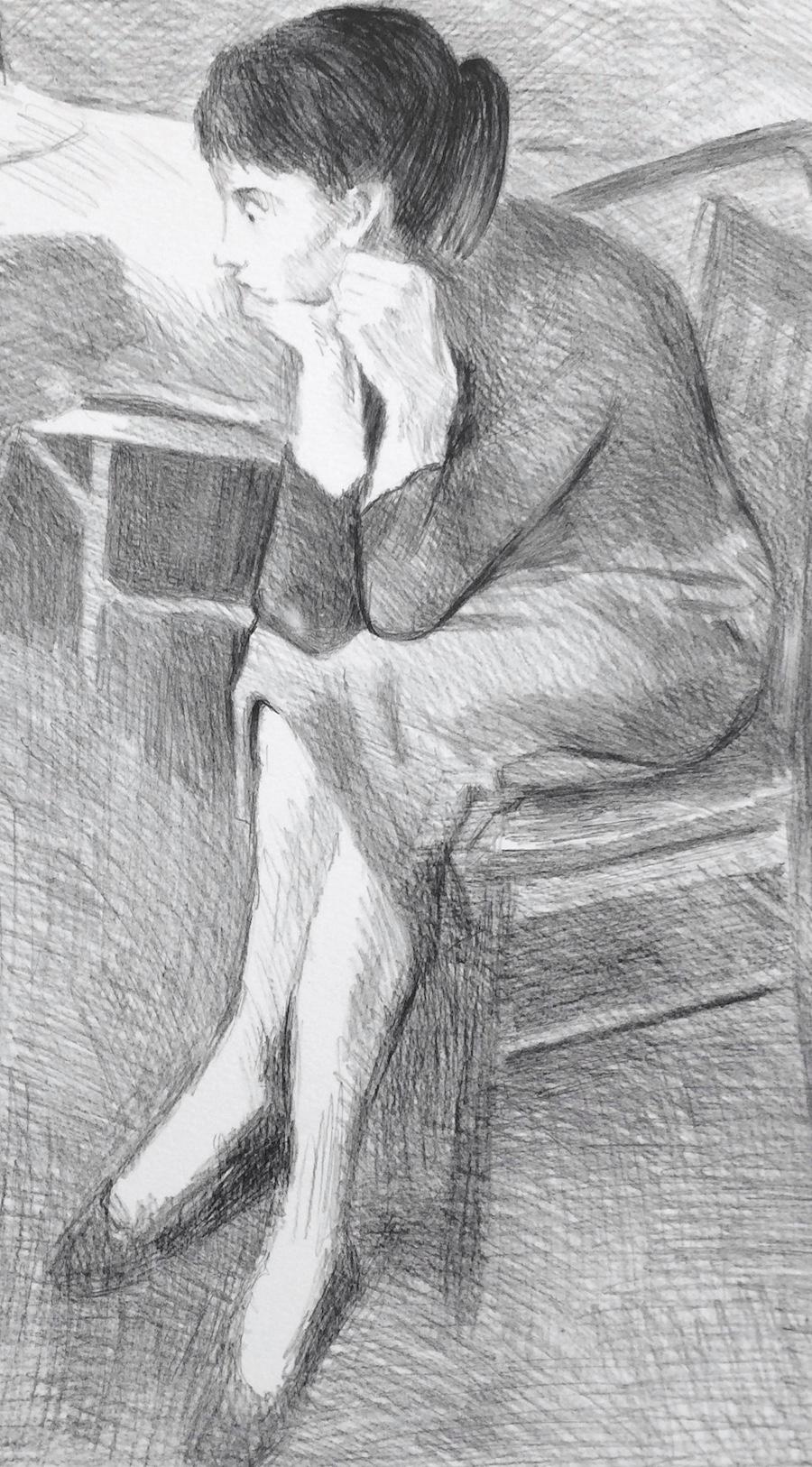 Donna seduta vicino a un letto Litografia firmata, Ritratto femminile seduto Scena d'interni - Interior Print Grigio di Raphael Soyer