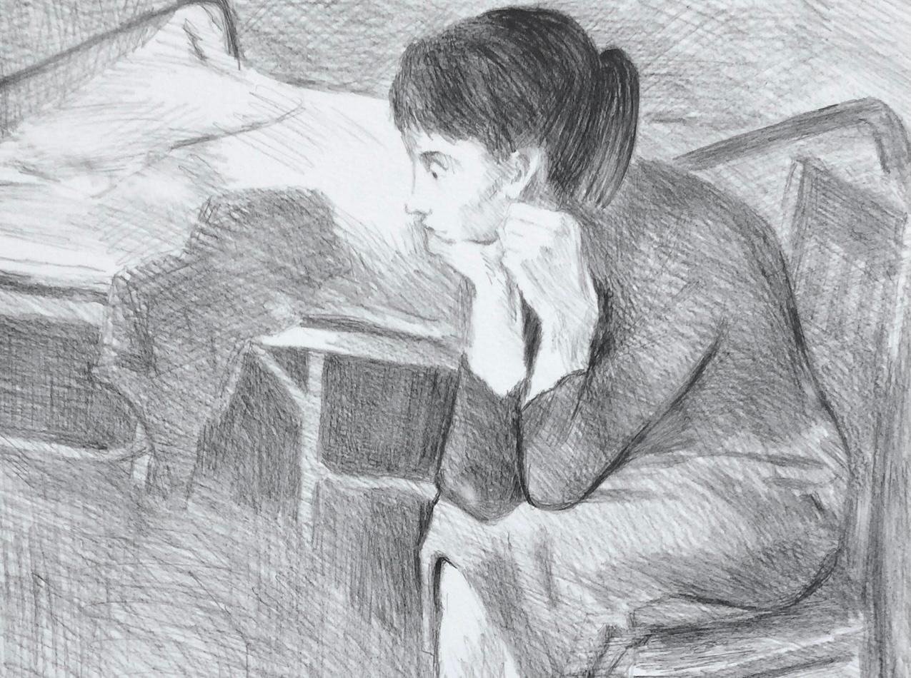 Donna seduta vicino a un letto Litografia firmata, Ritratto femminile seduto Scena d'interni - Print Realismo di Raphael Soyer
