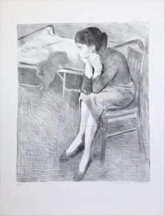 SEATED WOMAN NEAR A BED Signed Lithograph, Seated Female Portrait Interior Scene