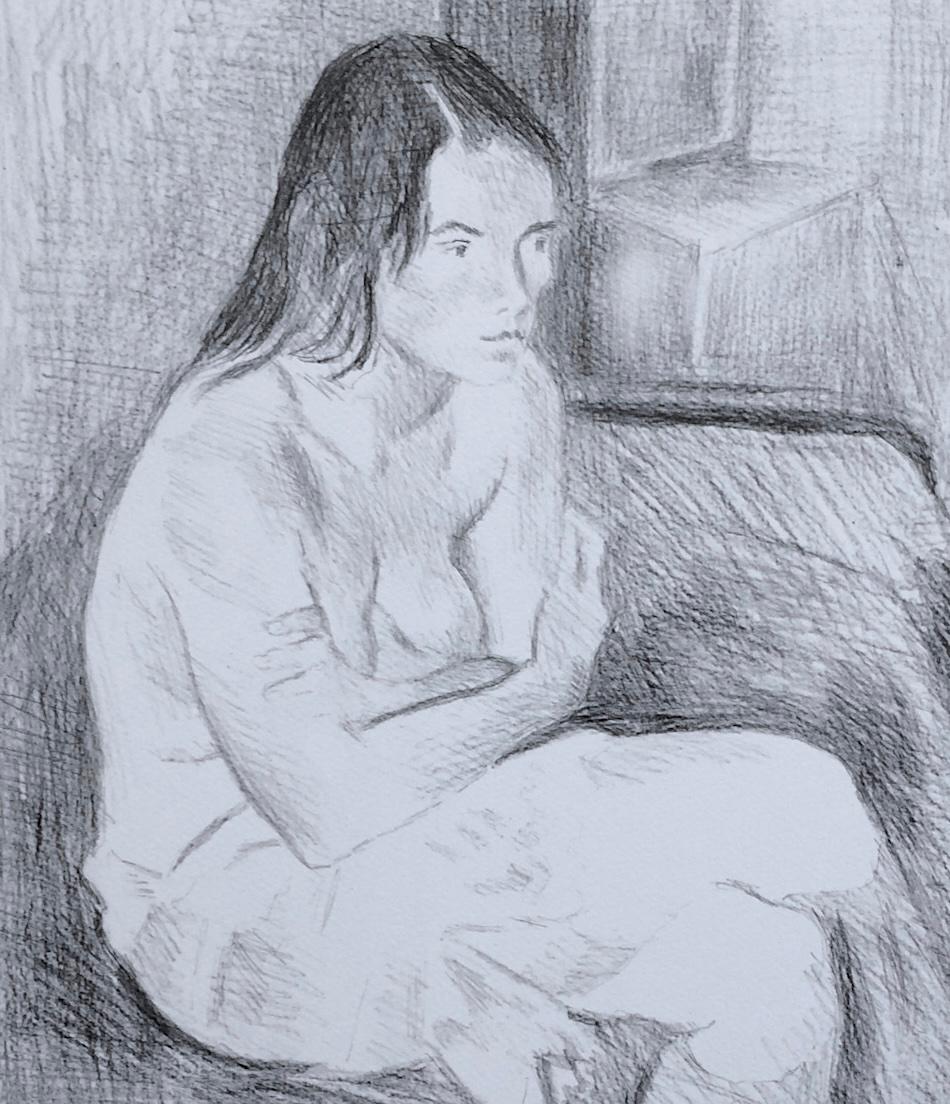DONNA SEDUTA SUL LETTO, CALZE AL GINOCCHIO Litografia firmata, disegno di ritratto femminile in vendita 1