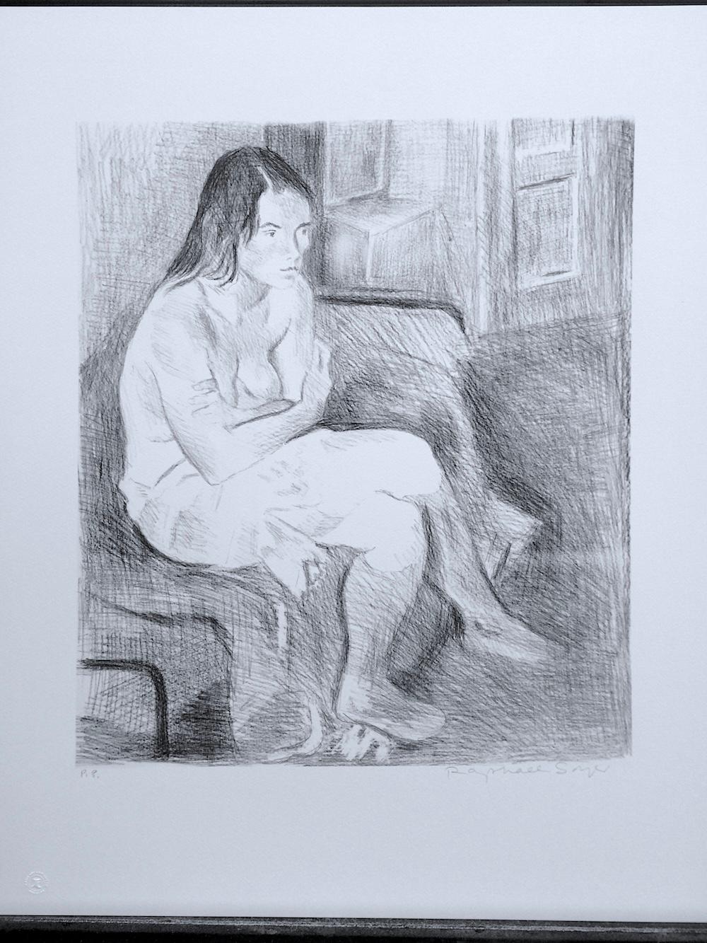 DONNA SEDUTA SUL LETTO, CALZE AL GINOCCHIO Litografia firmata, disegno di ritratto femminile in vendita 3
