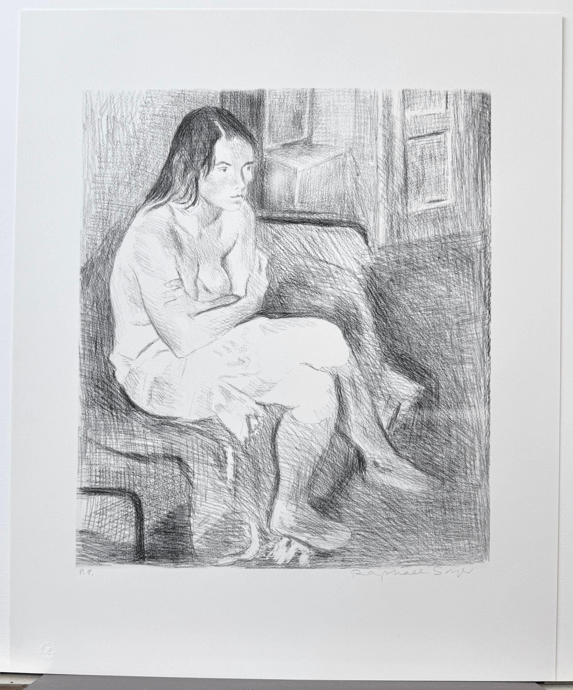 SEATED WOMAN ON BED, KNEE SOCKS Signed Lithograph, Female Portrait Drawing For Sale 2