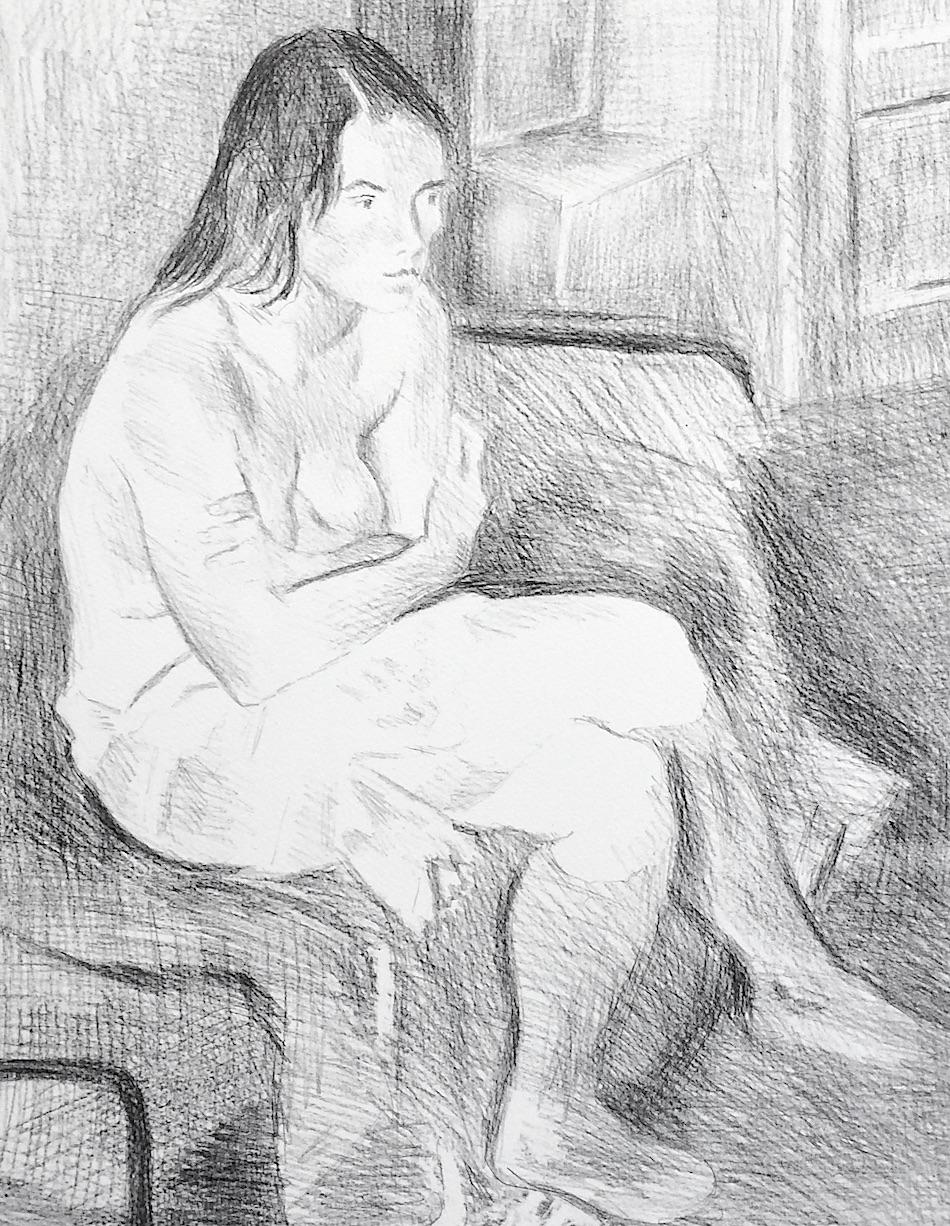 Signierte Lithographie, weibliche Porträtzeichnung, SEATED WOMAN ON BED, KNEE SOCKS (Realismus), Print, von Raphael Soyer
