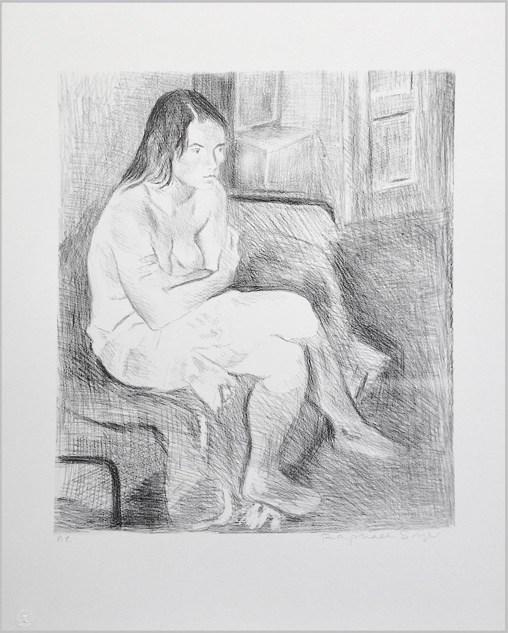 Signierte Lithographie, weibliche Porträtzeichnung, SEATED WOMAN ON BED, KNEE SOCKS im Angebot 1