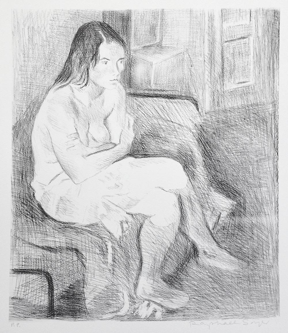 Signierte Lithographie, weibliche Porträtzeichnung, SEATED WOMAN ON BED, KNEE SOCKS