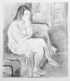 SEATED WOMAN ON BED, KNEE SOCKS Signed Lithograph, Realist B+W Female Portrait 