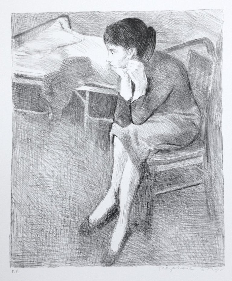 Raphael Soyer Interior Print - SEATED WOMAN ON BED Signed Lithograph, Seated Female Portrait Interior Scene