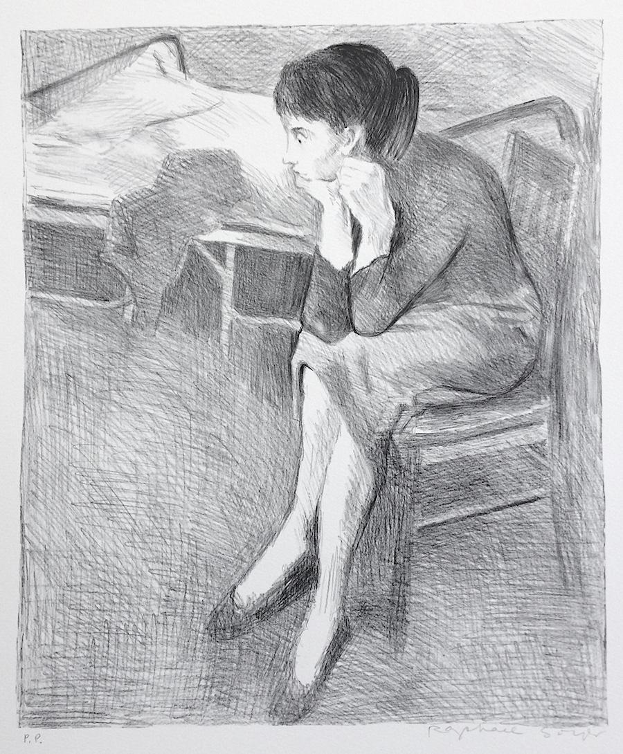 Signierte Lithographie „ SEATED WOMAN NEAR A BED“, sitzende weibliche Porträt-Interieurszene – Print von Raphael Soyer