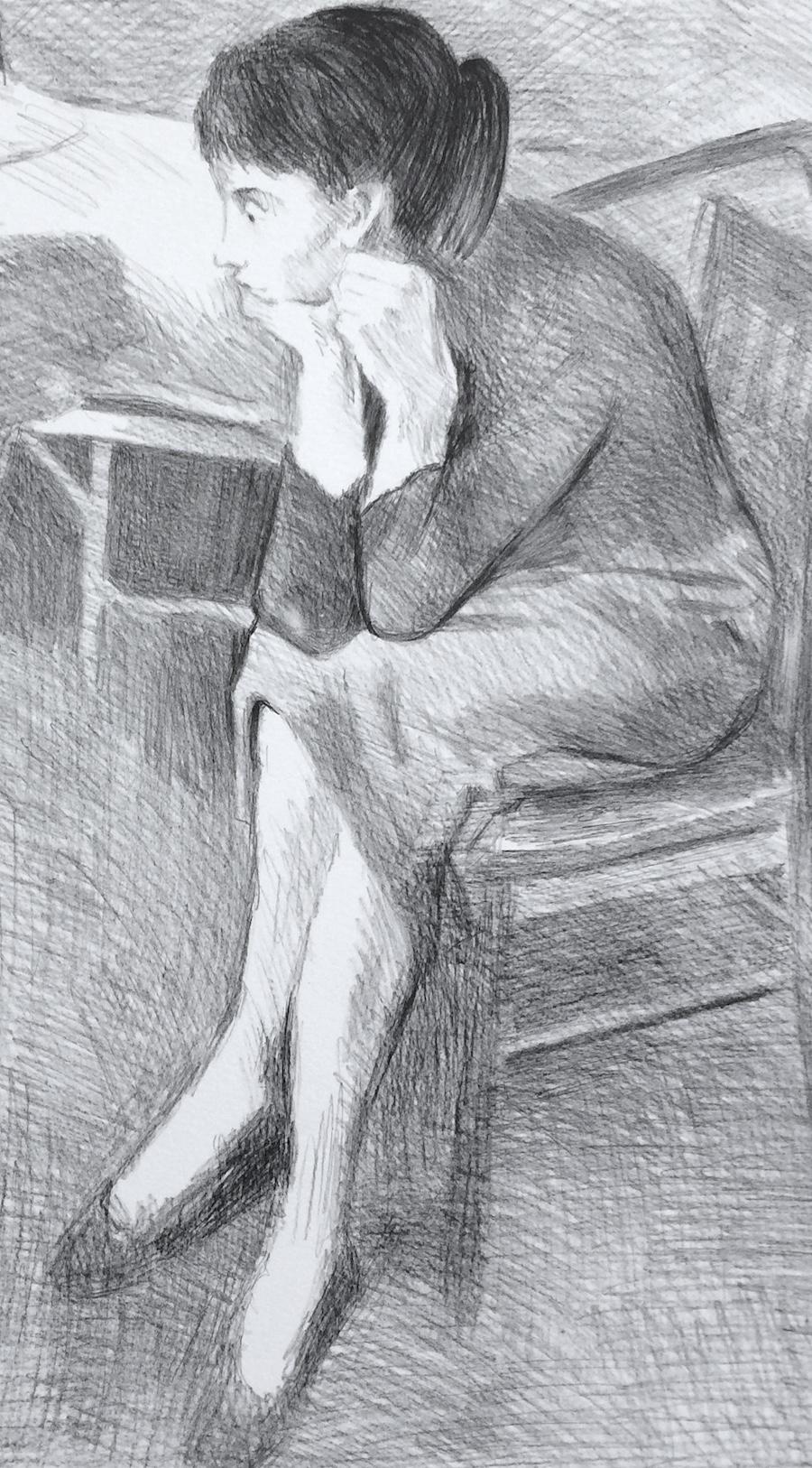 Signierte Lithographie „ SEATED WOMAN NEAR A BED“, sitzende weibliche Porträt-Interieurszene (Realismus), Print, von Raphael Soyer