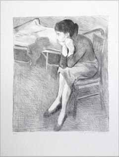 SEATED WOMAN NEAR A BED Signed Lithograph, Seated Female Portrait Interior Scene