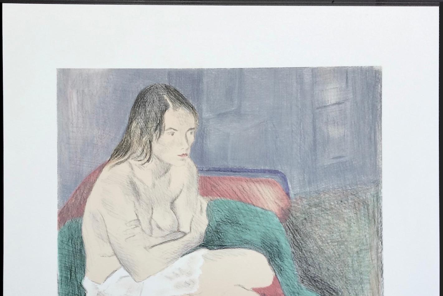 Donna seduta con calze rosa, litografia firmata, ritratto femminile, disegno a grafite in vendita 1