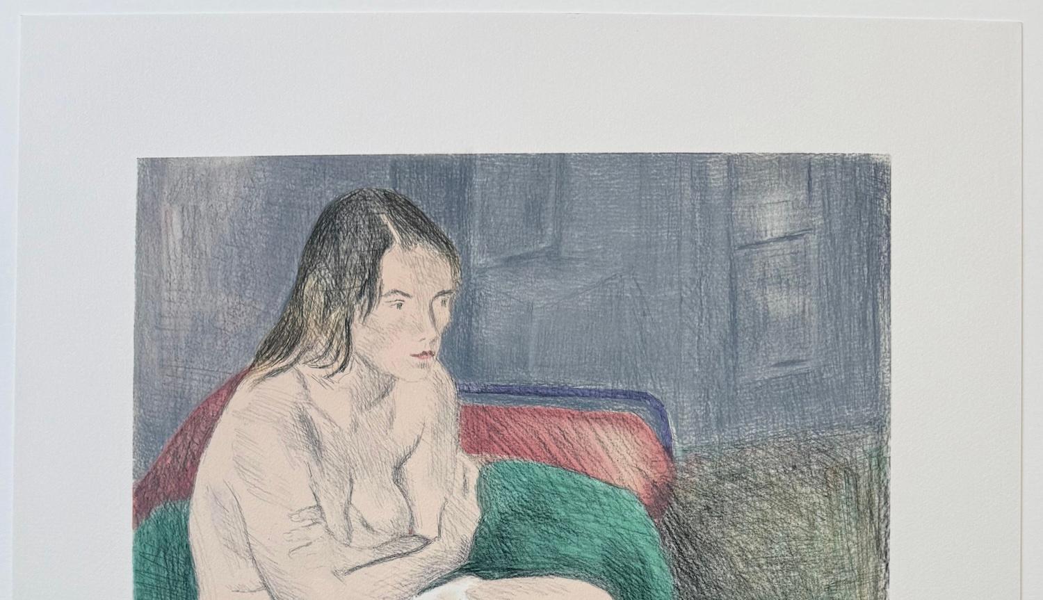 SEATED WOMAN PINK SOCKS Signierte Lithographie, weibliches Porträt, Graphitzeichnung im Angebot 1