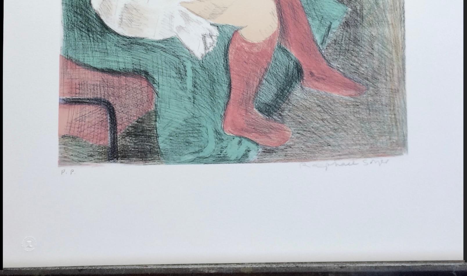 Donna seduta con calze rosa, litografia firmata, ritratto femminile, disegno a grafite in vendita 2