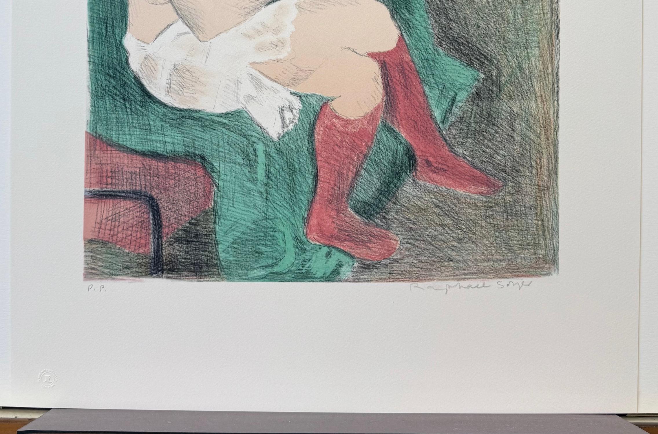 SEATED WOMAN PINK SOCKS Signierte Lithographie, weibliches Porträt, Graphitzeichnung im Angebot 2