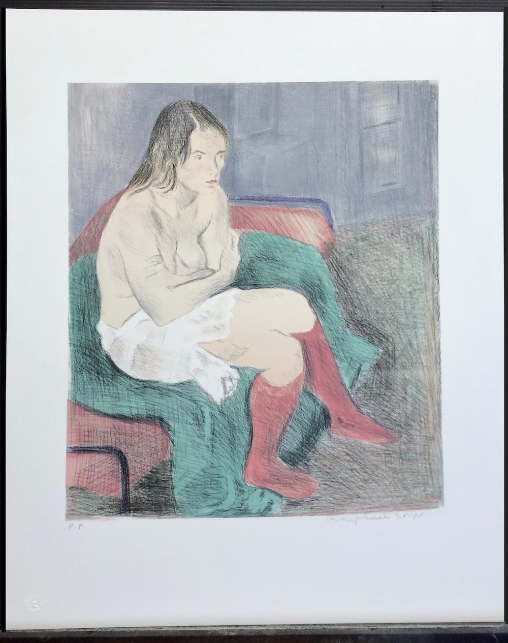 Donna seduta con calze rosa, litografia firmata, ritratto femminile, disegno a grafite in vendita 3