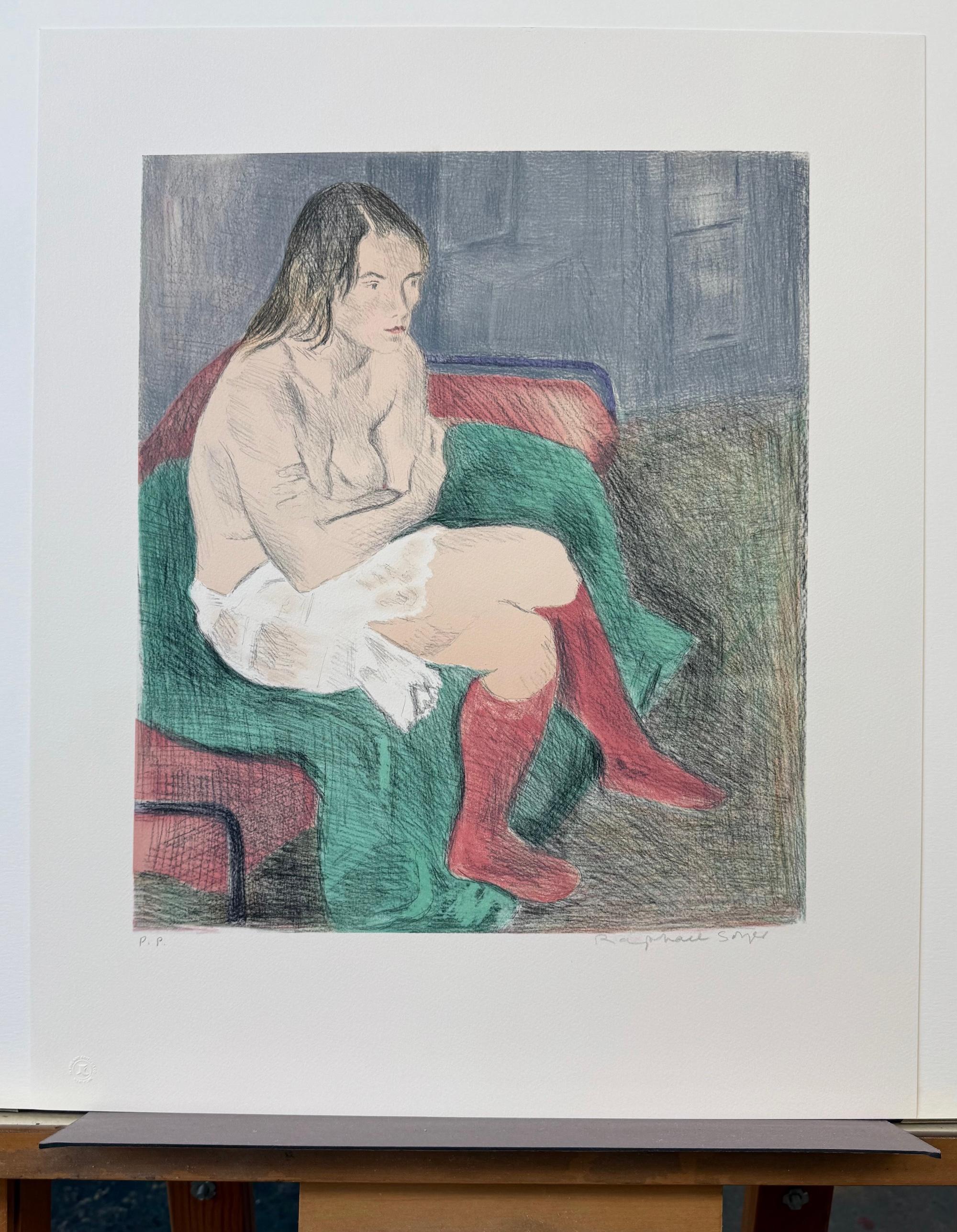 SEATED WOMAN PINK SOCKS Signierte Lithographie, weibliches Porträt, Graphitzeichnung im Angebot 3