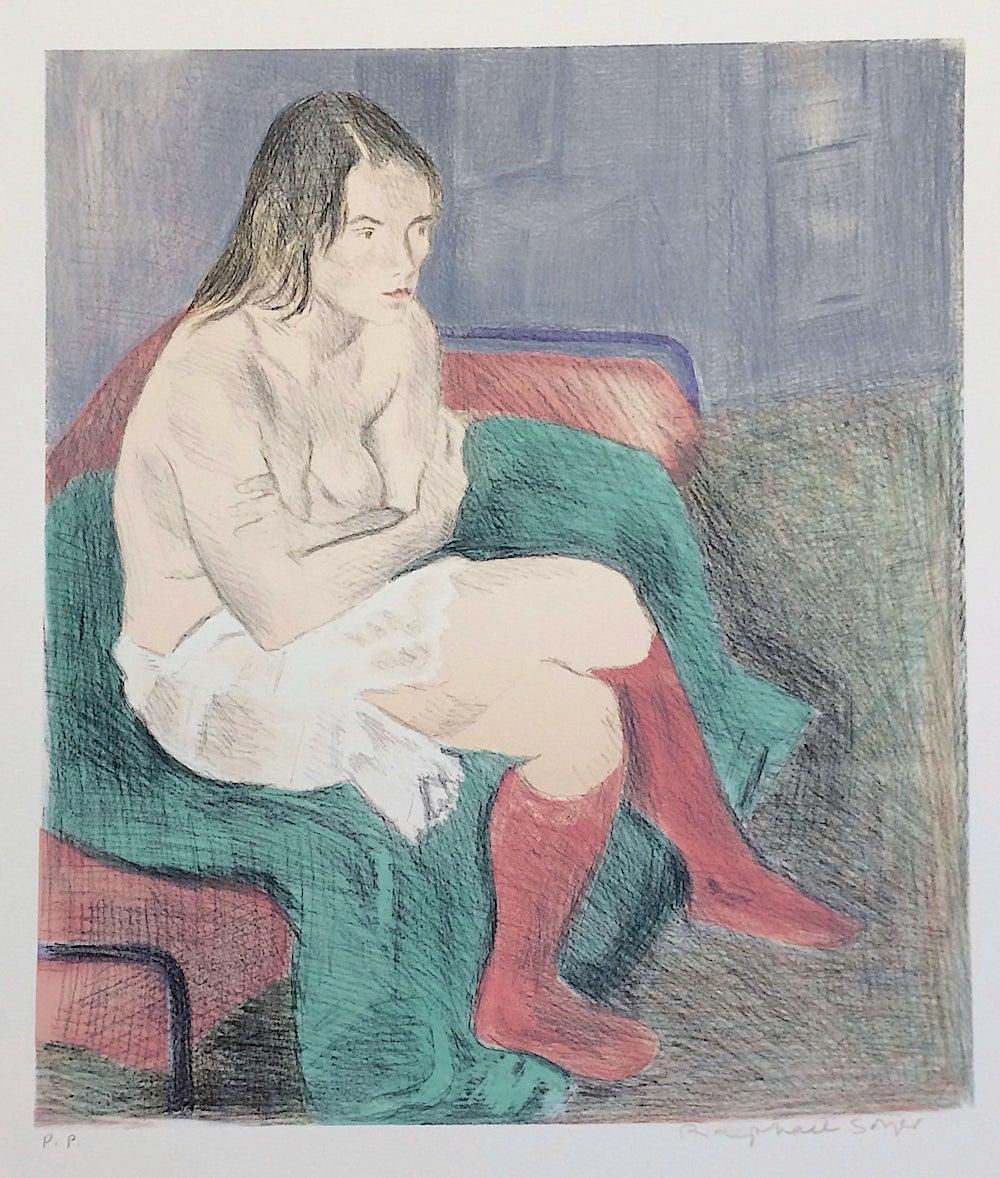Donna seduta con calze rosa, litografia firmata, ritratto femminile, disegno a grafite - Print di Raphael Soyer