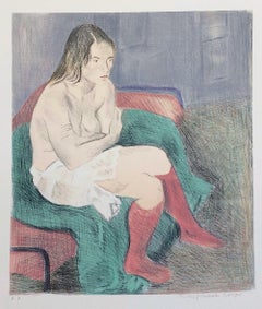 SEATED WOMAN PINK SOCKS Signed Lithograph, Female Portrait, Graphite Drawing