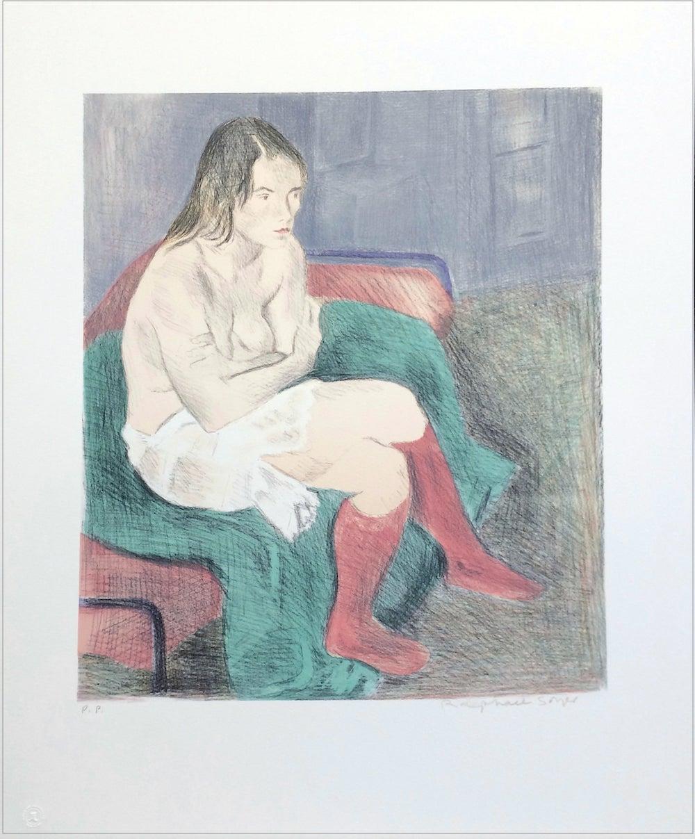 SEATED WOMAN PINK SOCKS Signed Lithograph, Female Portrait, Graphite Drawing