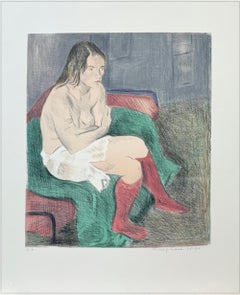 Donna seduta con calze rosa, litografia firmata, ritratto femminile, disegno a grafite
